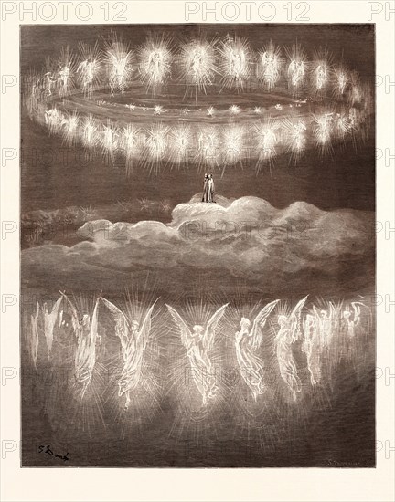 THE ANGELIC WREATHS, BY Gustave Doré. Dore, 1832 - 1883, French. Engraving for the Purgatorio or Purgatory by Dante Alighieri. 1870, Art, Artist, romanticism, colour, color engraving.