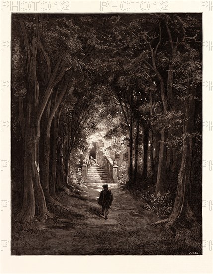 THE APPROACH TO THE ENCHANTED PALACE, BY Gustave Doré. Dore, 1832 - 1883, French. Engraving for the Fairy Realm. 1870, Art, Artist, romanticism, colour, color engraving.