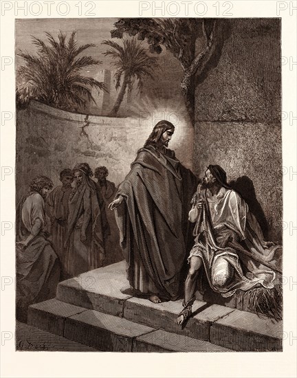 JESUS HEALING THE MAN SICK OF THE PALSY, BY Gustave Doré. Dore, 1832 - 1883, French. Engraving for the Bible. 1870, Art, Artist, holy book, religion, religious, christianity, christian, romanticism, colour, color engraving.