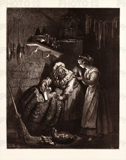 CINDERELLA'S GODMOTHER AND THE PUMPKIN, BY Gustave Doré. engraved by Heliodore Joseph Pisan. Dore, 1832 - 1883, French. Engraving for the fairy tales in Fairy Realm, by Tom Hood the Younger. 1870, Art, Artist, romanticism, colour, color engraving.