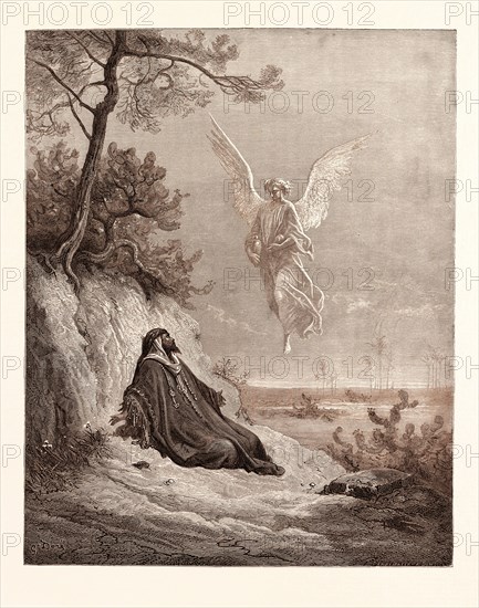 ELIJAH NOURISHED BY AN ANGEL, BY Gustave Doré. Dore, 1832 - 1883, French. (1 Kings 19:1-21) Engraving for the Bible. 1870, Art, Artist, holy book, religion, religious, christianity, christian, romanticism, colour, color engraving.