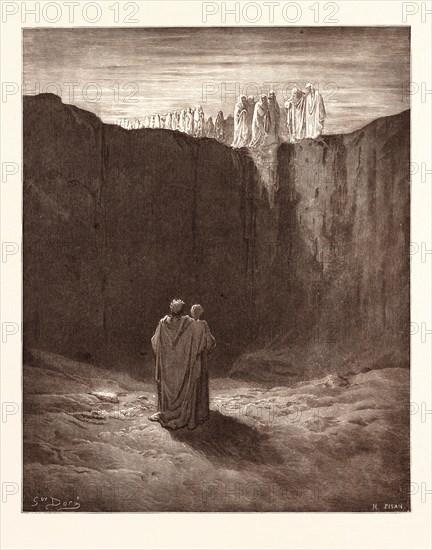 A TROOP OF SPIRITS IN PURGATORY, BY Gustave Doré. Dore, 1832 - 1883, French. Engraving for the Purgatorio or Purgatory by Dante Alighieri. 1870, Art, Artist, romanticism, colour, color engraving.