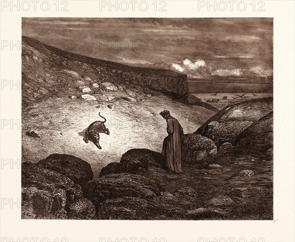 THE PANTHER IN THE DESERT, BY GUSTAVE DORE, a scene from the Inferno by Dante. Dore, 1832 - 1883, French. 1870, Art, Artist, romanticism, colour, color engraving.
