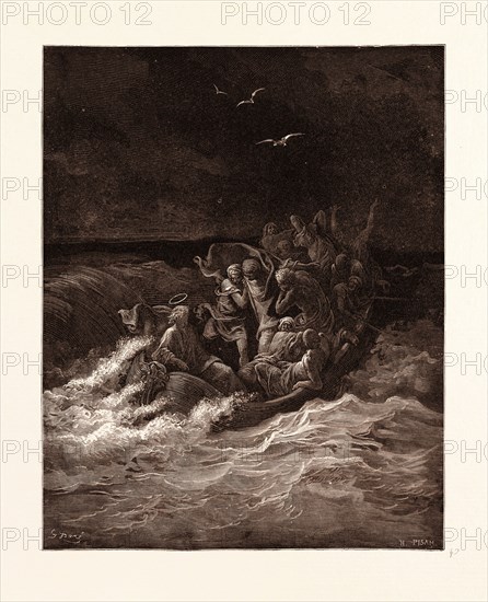 JESUS STILLING THE TEMPEST, BY GUSTAVE DORE. Dore, 1832 - 1883, French. Engraving for the Bible. 1870, Art, Artist, holy book, religion, religious, christianity, christian, romanticism, colour, color engraving.