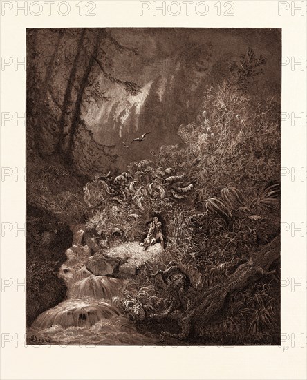 THE STORM IN THE FOREST, BY GUSTAVE DORE, 1832 - 1883, French. Engraving for The Divine Comedy, Divina Commedia, by Dante Alighieri. 1870, Art, Artist, romanticism, colour, color engraving.
