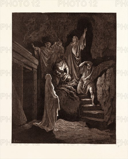 THE RESURRECTION OF LAZARUS, BY GUSTAVE DORE,  1832 - 1883, French. Engraving for the Bible. 1870, Art, Artist, holy book, religion, religious, christianity, christian, romanticism, colour, color engraving.