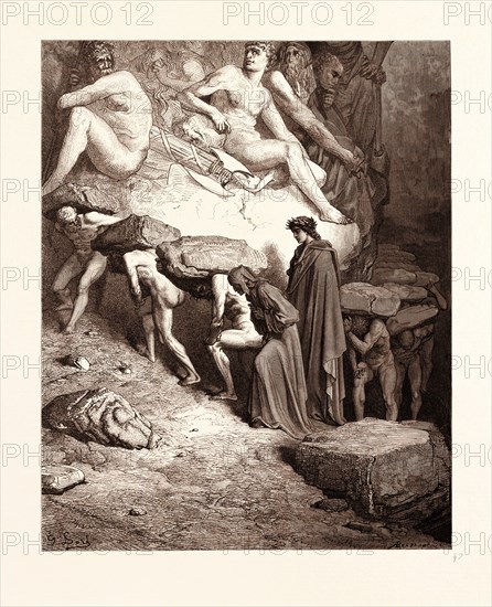 THE BURDEN OF PRIDE, BY GUSTAVE DORE, 1832 - 1883, French. Engraving for the Purgatorio or Purgatory by Dante Alighieri. 1870, Art, Artist, romanticism, colour, color engraving.