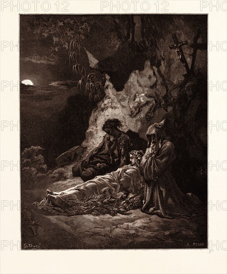 MOURNING BY MOONLIGHT, BY GUSTAVE DORE, 1832 - 1883, French. Engraving for the Bible. 1870, Art, Artist, holy book, religion, religious, christianity, christian, romanticism, colour, color engraving.