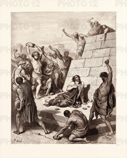 The Stoning of SAINT STEPHEN, BY GUSTAVE DORE, 1832 - 1883, French. Engraving for the Purgatorio or Purgatory by Dante Alighieri. 1870, Art, Artist, romanticism, colour, color engraving.