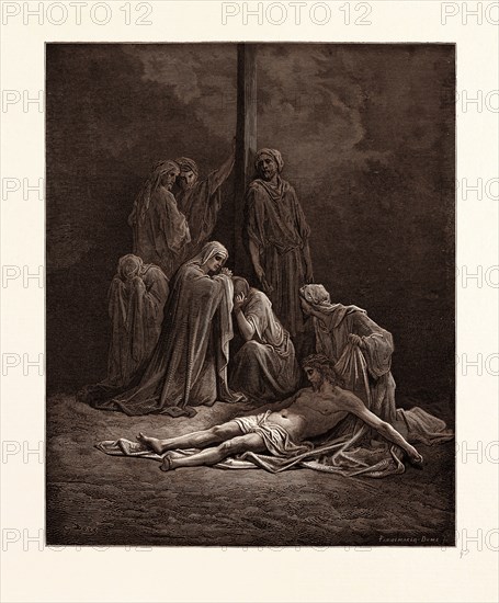 THE DEAD CHRIST, BY GUSTAVE DORE, 1832 - 1883, French. Engraving for the Bible. engraved by Adolphe Francois Pannemaker, Belgian, 1822-1900, c. 1870, Art, Artist, holy book, religion, religious, christianity, christian, romanticism, colour, color engraving.