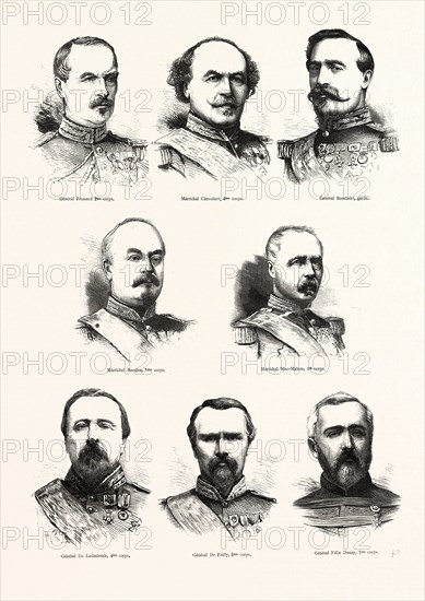 FRANCO-PRUSSIAN WAR: FRENCH COMMANDERS: GENERAL FROSSARD, 2nd CORPS; Marshal Canrobert, 6th CORPS, GENERAL BOURBAKI, custody, MARSHAL BAZAINE, 3rd CORPS; MARSHAL Mac-Mahon, 1st CORPS, GENERAL DE LADMIRAULT, 4th CORPS, GENERAL DE FAILLY, 5th CORPS, GENERAL FELIX DOUAY, 7th CORPS, 1870