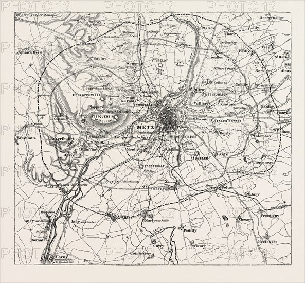 FRANCO-PRUSSIAN WAR: MAP OF VICINITY OF METZ, INDICATING THE POSITION OCCUPIED BY the besieging army 1870