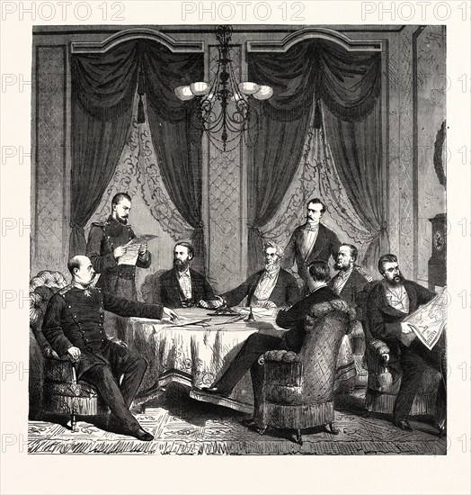 FRANCO-PRUSSIAN WAR: PLENIPOTENTIARY CONFERENCE DEALING WITH PEACE IN FRANKFURT, MAY 1871; PRINCE BISMARCK, COUNT Wartensleben, BARON VON ARNIM, JULES FAVRE, G. OF GOULARD, COUNT HATSFELD, Pouyer-Quertier, COUNT HENCKEL VON DOUNERSMARCK