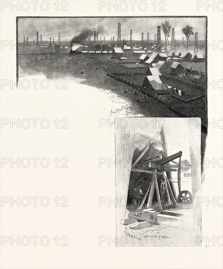 OIL DERRICKS, PETROLEA (TOP); DRILLING A WELL (BOTTOM), CANADA, NINETEENTH CENTURY ENGRAVING