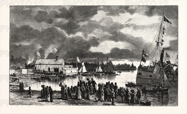 STEAMBOAT LANDING, ORILLIA, CANADA, NINETEENTH CENTURY ENGRAVING