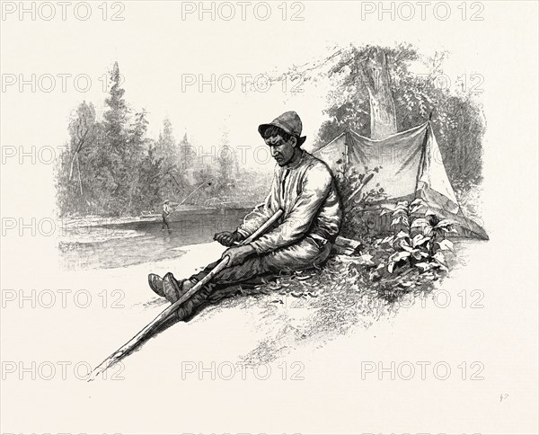 MAKING NEW POLE FOR CANOE, CANADA, NINETEENTH CENTURY ENGRAVING