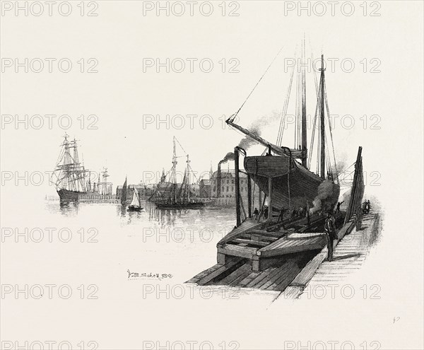 NOVA SCOTIA, MARINE SLIP AND DOCKS, YARMOUTH, CANADA, NINETEENTH CENTURY ENGRAVING