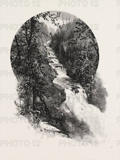 FRENCH CANADIAN LIFE, FALLS OF ST. FEREOL, CANADA, NINETEENTH CENTURY ENGRAVING