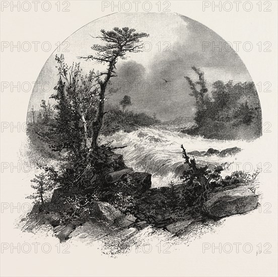 FRENCH CANADIAN LIFE, HEAD OF SHAWENEGAN FALLS, CANADA, NINETEENTH CENTURY ENGRAVING
