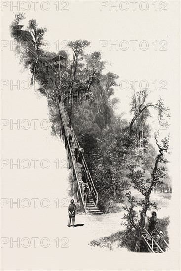 MONTREAL, L'ESCALIER, CANADA, NINETEENTH CENTURY ENGRAVING