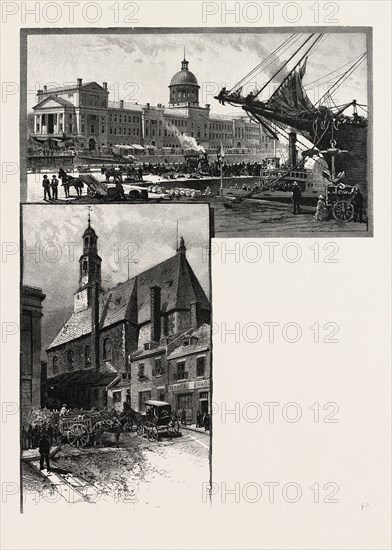 MONTREAL, COMMISIONER'S WHARF,  BONSECOURS MARKET AND BONSECOURS CHURCH, CANADA, NINETEENTH CENTURY ENGRAVING