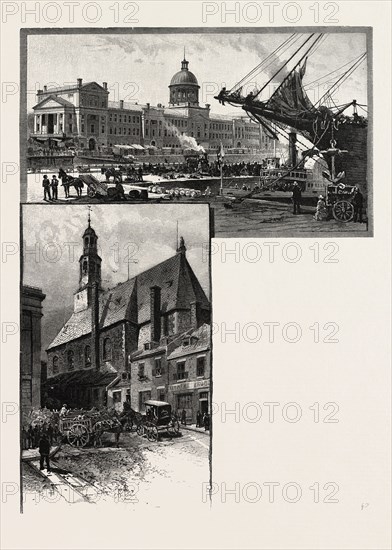 MONTREAL, COMMISIONER'S WHARF, BONSECOURS MARKET AND BONSECOURS CHURCH, CANADA, NINETEENTH CENTURY ENGRAVING