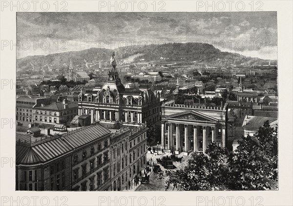 MONTREAL, FROM THE TOWERS OF NOTRE DAME, OVERLOOKING THE PLACE D'ARMES, CANADA, NINETEENTH CENTURY ENGRAVING