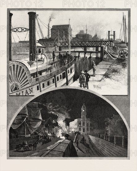 MONTREAL, STEAMER PASSING LOCKS, AND UNLOADING SHIPS BY ELECTRIC LIGHT, CANADA, NINETEENTH CENTURY ENGRAVING