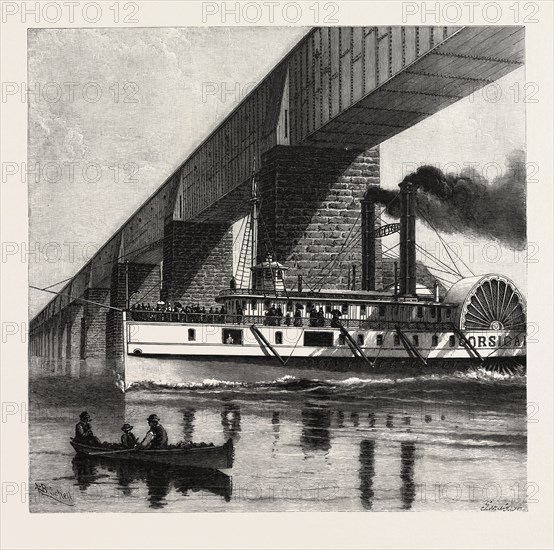 MONTREAL, MAIL STEAMER PASSING UNDER VICTORIA BRIDGE, CANADA, NINETEENTH CENTURY ENGRAVING