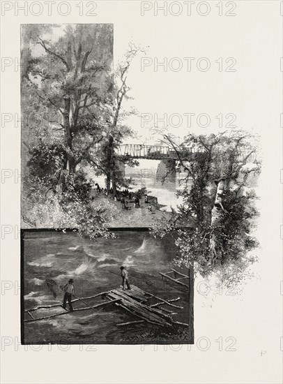 THE LOWER OTTAWA, BACK RIVER BRIDGE, AND SHAD FISHING, CANADA, NINETEENTH CENTURY ENGRAVING