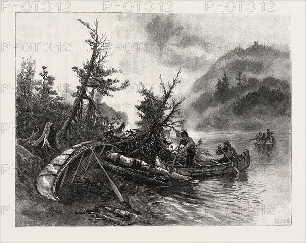 LOWER OTTAWA, ON THE PORTAGE, LAKE COMANDEAU, CANADA, NINETEENTH CENTURY ENGRAVING