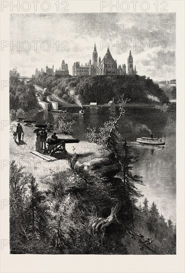 OTTAWA, PARLIAMENT BUILDINGS, FROM MAJOR'S HILL, CANADA, NINETEENTH CENTURY ENGRAVING