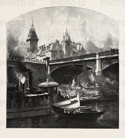 OTTAWA, UNDER DUFFERIN BRIDGE, CANADA, NINETEENTH CENTURY ENGRAVING