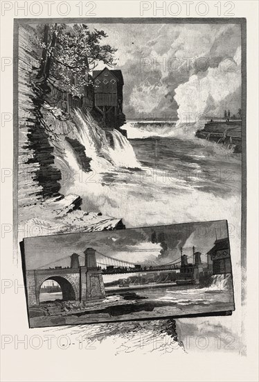 OTTAWA, CHAUDIERE FALLS, AND SUSPENSION BRIDGE, CANADA, NINETEENTH CENTURY ENGRAVING