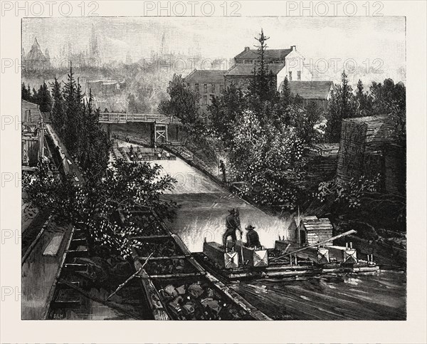 OTTAWA, CRIB OF TIMBER RUNNING THE SLIDE, CANADA, NINETEENTH CENTURY ENGRAVING