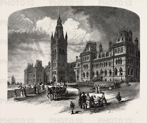 OTTAWA, MAIN BUILDINGS, HOUSES OF PARLIAMENT, CANADA, NINETEENTH CENTURY ENGRAVING