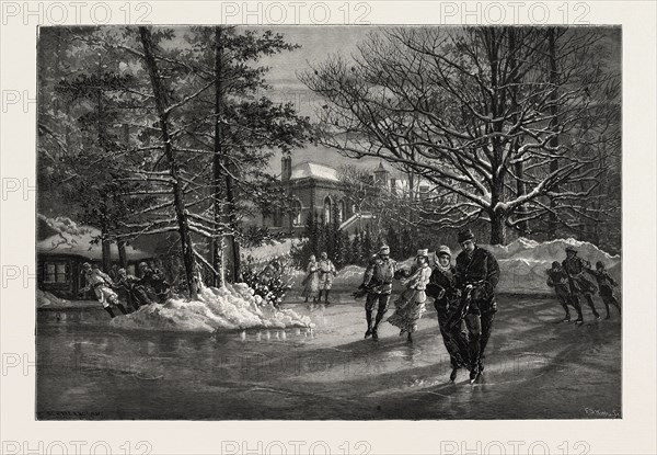 OTTAWA, GOVERNMENT HOUSE, FROM SKATING POND, CANADA, NINETEENTH CENTURY ENGRAVING