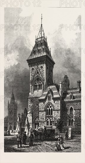 OTTAWA, TOWER OF EASTERN BLOCK, DEPARTMENTAL BUILDINGS, CANADA, NINETEENTH CENTURY ENGRAVING