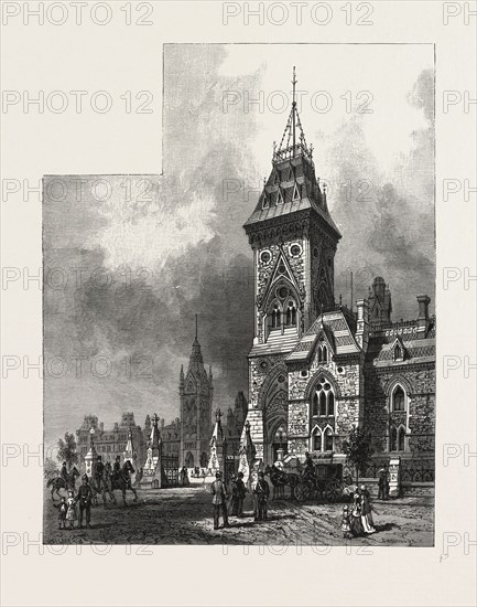 OTTAWA, TOWER OF EASTERN BLOCK, DEPARTMENTAL BUILDINGS, CANADA, NINETEENTH CENTURY ENGRAVING