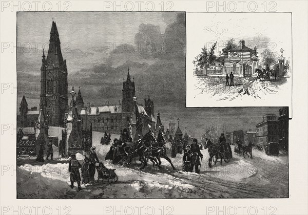 OTTAWA, WELLINGTON STREET IN WINTER; ENTRANCE TO RIDEAU HALL, CANADA, NINETEENTH CENTURY ENGRAVING