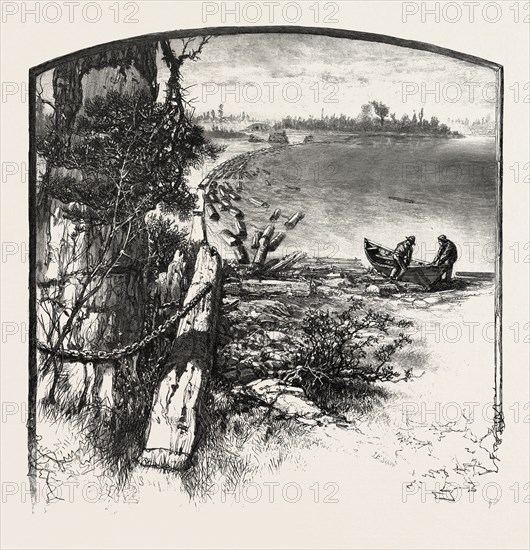 The Upper Ottawa, TIMBER BOOM, FITZROY HARBOUR, CANADA, NINETEENTH CENTURY ENGRAVING