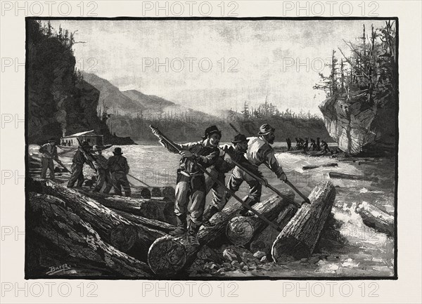 LUMBERMEN AT WORK, THE DRIVE, LUMBERING, CANADA, NINETEENTH CENTURY ENGRAVING