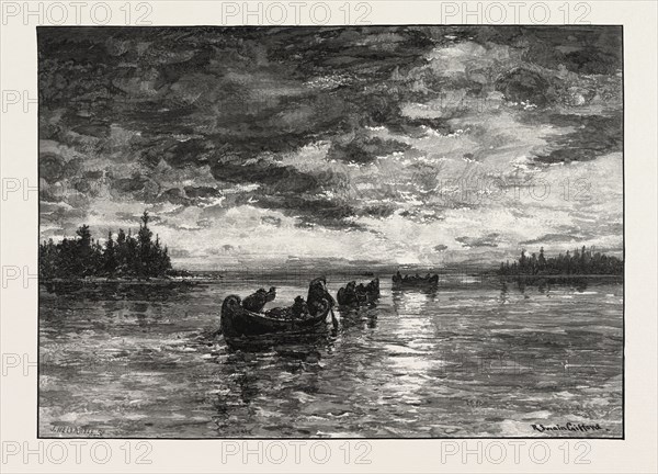 SUNRISE ON LAKE SUPERIOR, CANADA, NINETEENTH CENTURY ENGRAVING