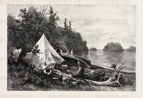 THE UPPER LAKES, CAMP ON VICTORIA ISLAND, CANADA, NINETEENTH CENTURY ENGRAVING