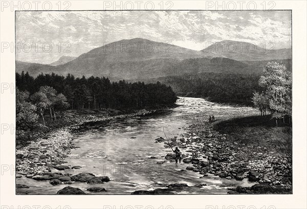 VIEW FROM THE OLD BRIDGE, INVERCAULD, BRAEMAR,UK.  Braemar is a village in Aberdeenshire, Scotland, west of Aberdeen in the Highlands. It is the closest significantly-sized settlement to the upper course of the River Dee