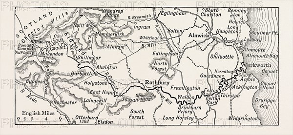 MAP OF THE COURSE OF THE COQUET, UK. The River Coquet runs through the county of Northumberland, England, discharging into the North Sea on the east coast of England at Amble.