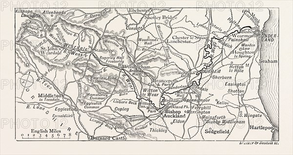 MAP OF THE COURSE OF THE WEAR, in North East England rises in the Pennines and flows eastwards, mostly through County Durham to the North Sea in the City of Sunderland.Is one of the region's longest rivers, wends in a steep valley through the cathedral city of Durham and gives its name to Weardale in its upper reach and Wearside by its mouth. UK