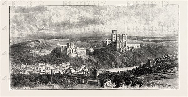 DISTANT VIEW OF DURHAM, UK. A city in north east England. Durham is well known for its Norman cathedral and 11th-century castle.