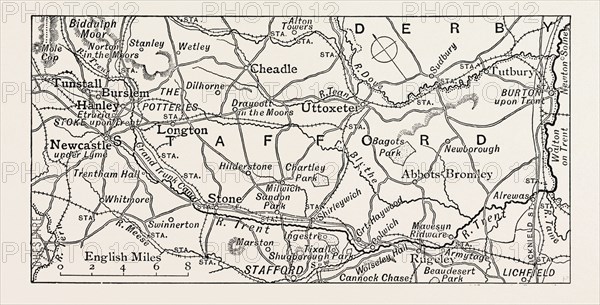 MAP OF THE TRENT, FROM THE SOURCE TO NEWTON SOLNEY, UK. The River Trent is one of the major rivers of England.