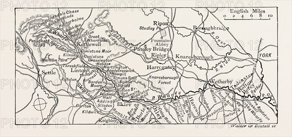 MAP OF THE COURSE OF THE WHARFE, UK. The River Wharfe is a river in Yorkshire, England. For much of its length it is the county boundary between West Yorkshire and North Yorkshire. The name Wharfe is Celtic and means twisting, winding